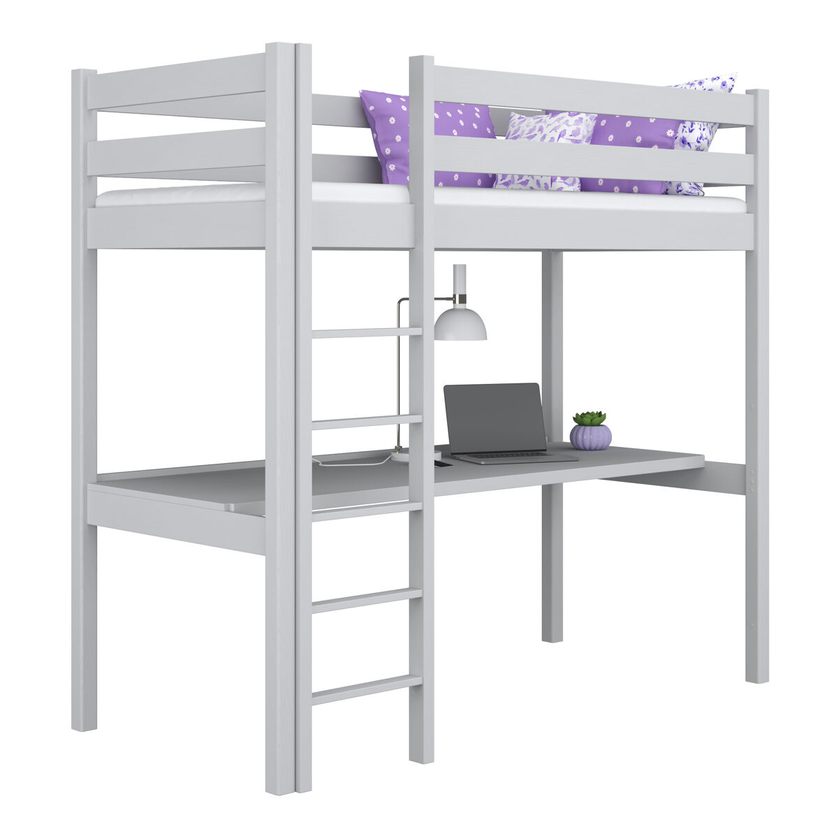 Cama alta de madeira com secretária n05 cinza