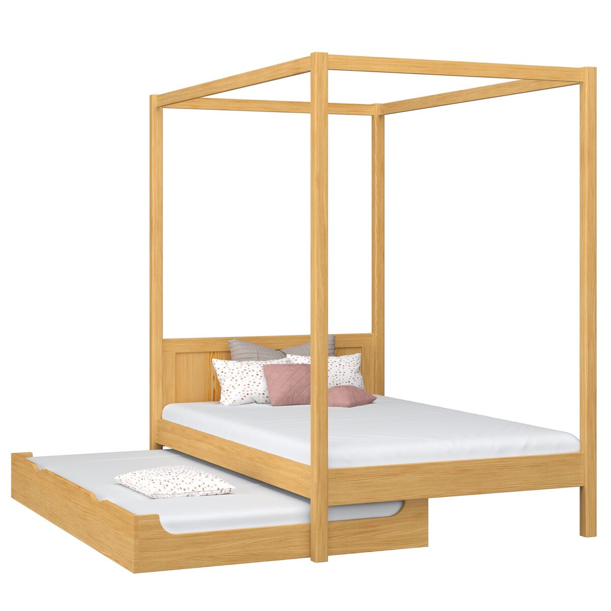 Cama individual de madeira com dossel e gaveta para colchão extra n02 pinho natural