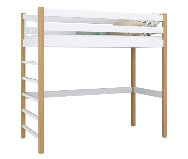 Cama alta de madeira n01 branco e carvalho