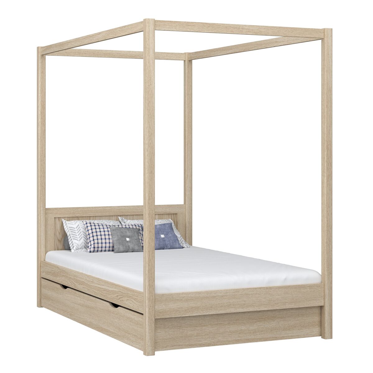 Cama individual de carvalho com dossel e gaveta n02 carvalho branqueado