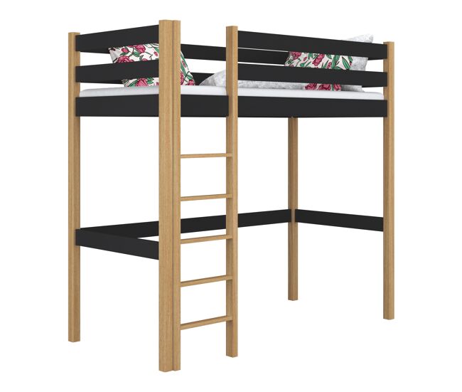 Cama alta de madeira n05 preto e carvalho