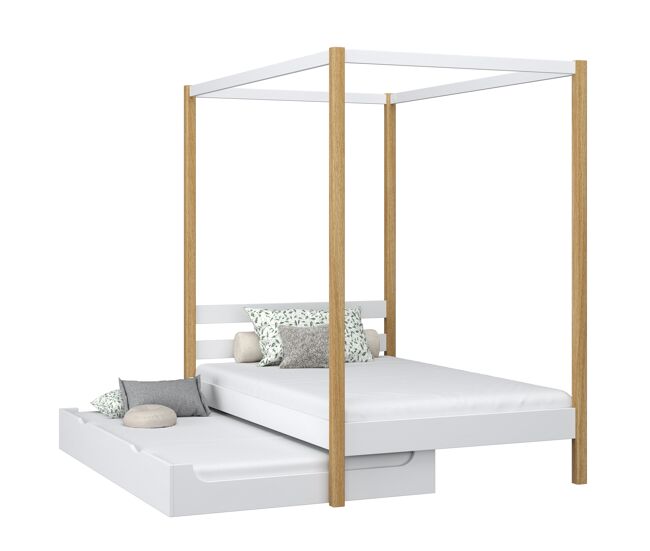 Cama individual de madeira com dossel e gaveta para colchão extra n01 branco e carvalho