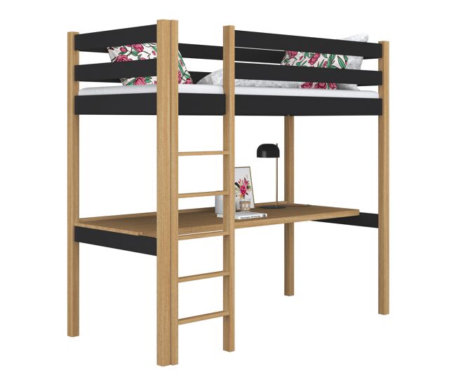 Cama alta de madeira com secretária n05 preto e carvalho