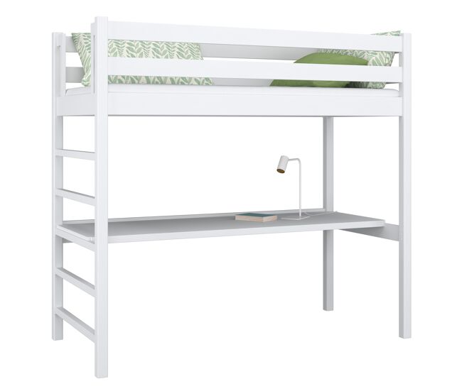 Cama alta de madeira com secretária n01 branco