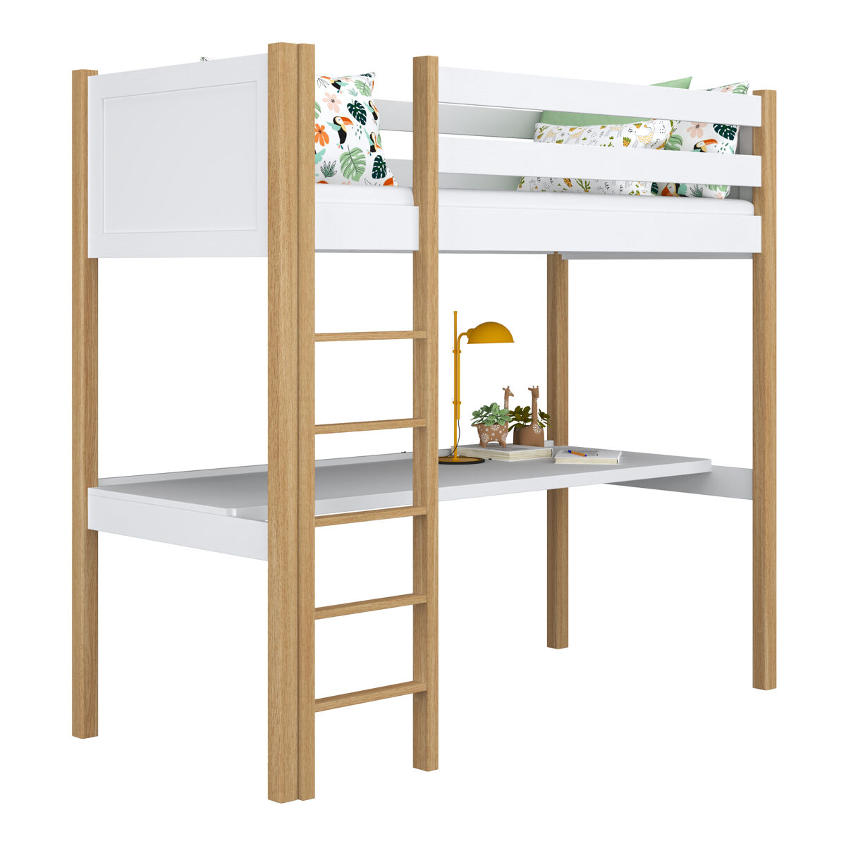 Cama alta de madeira com secretária n06 branco e carvalho