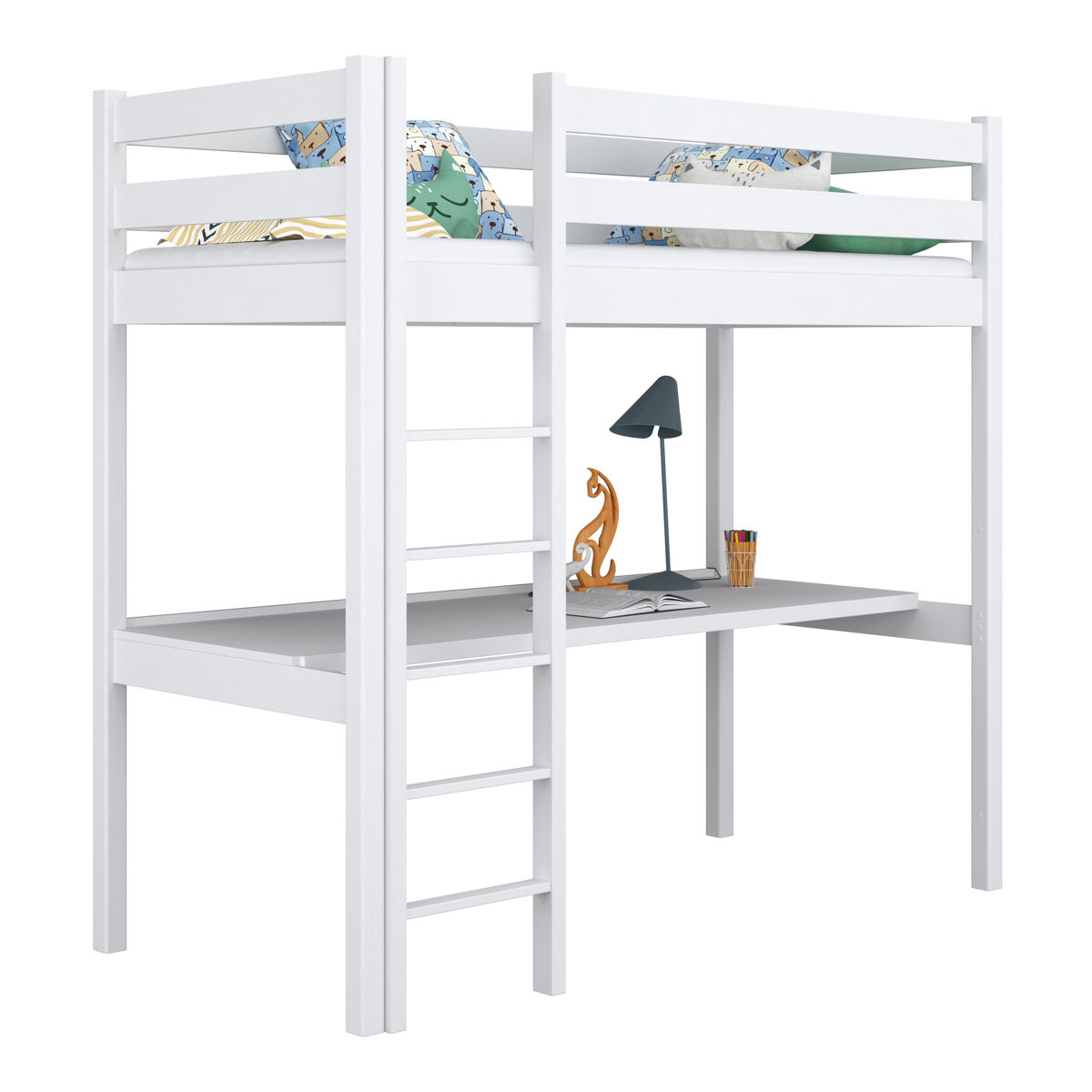 Cama alta de madeira com secretária n05 branco