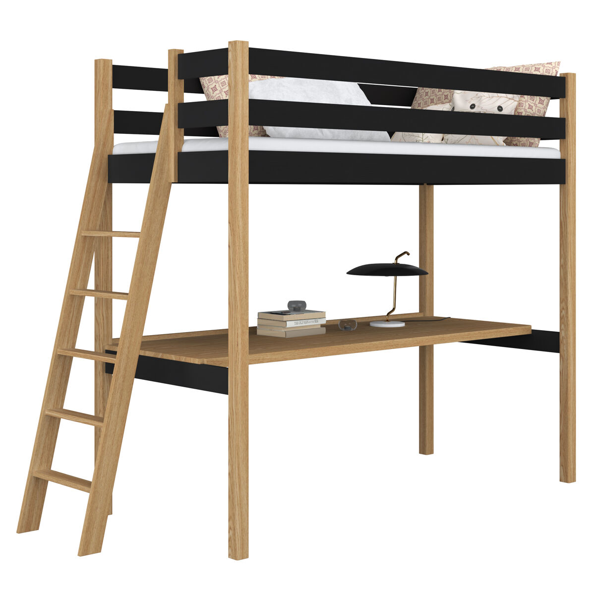 Cama alta de madeira com secretária n02 preto e carvalho