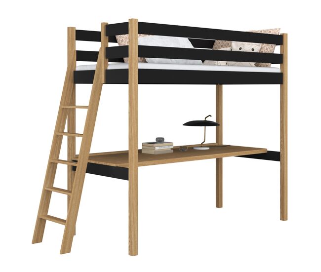 Cama alta de madeira com secretária n02 preto e carvalho