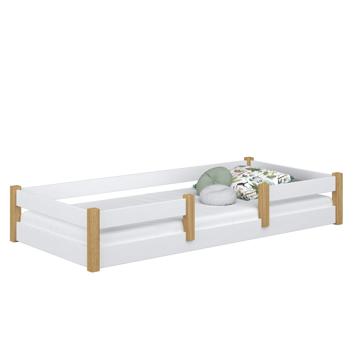 Cama baixa de madeira n01 branco e carvalho