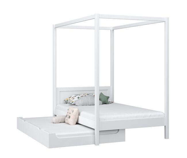 Cama individual de madeira com dossel e gaveta para colchão extra n02 branco