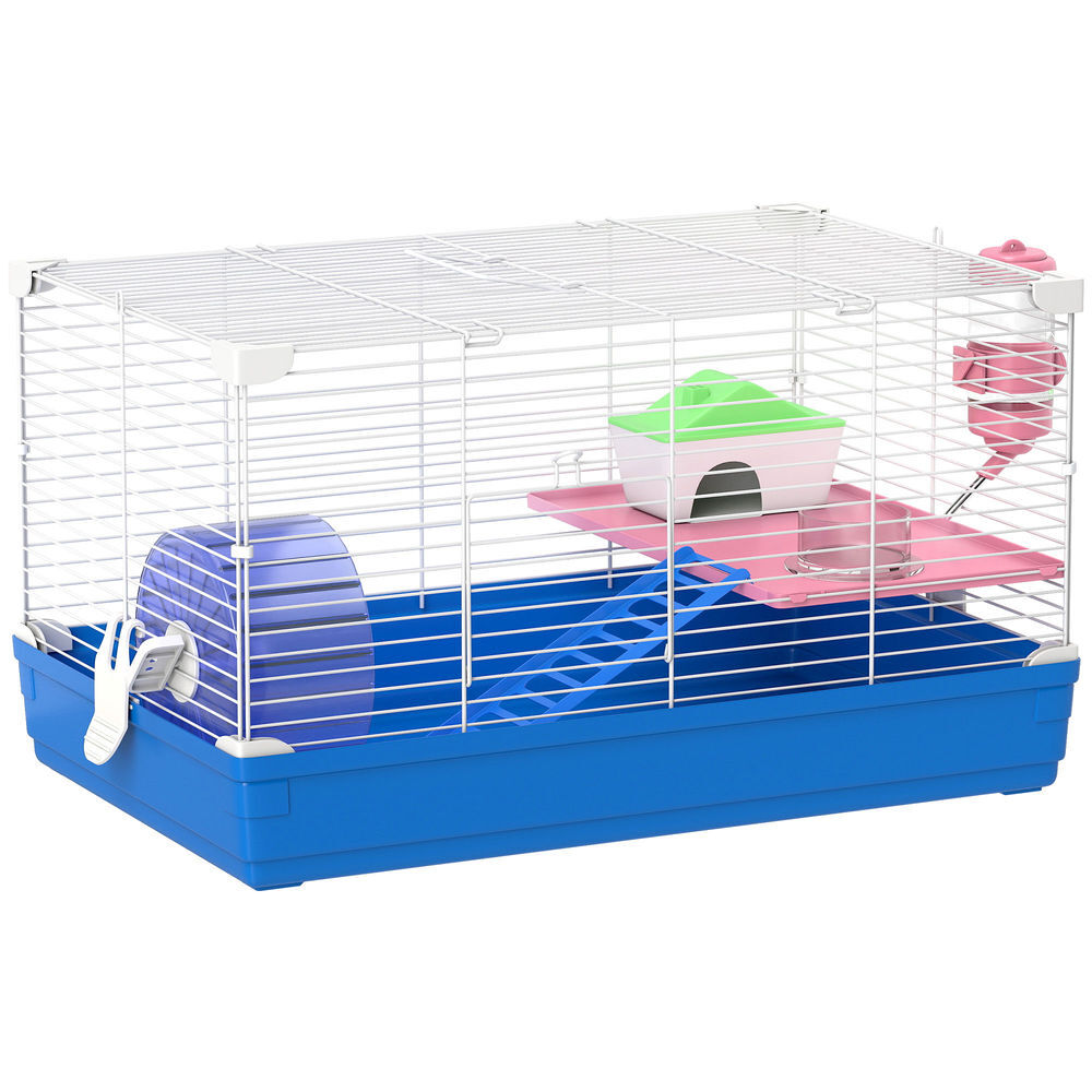 Pawhut gaiola para hamster com casa para roedores pequenos, roda de exercício, tigela, bebedouro, casinha, rampa, plataforma e bandeja removível para