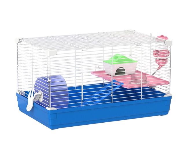 Pawhut gaiola para hamster com casa para roedores pequenos, roda de exercício, tigela, bebedouro, casinha, rampa, plataforma e bandeja removível para