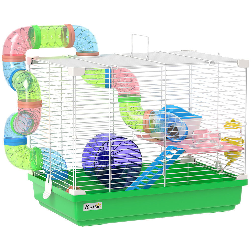 Pawhut gaiola para hamster, casa para hamster com túnel prato, bebedouro casinha rampa roda de exercício plataforma e pega bandeja removível para