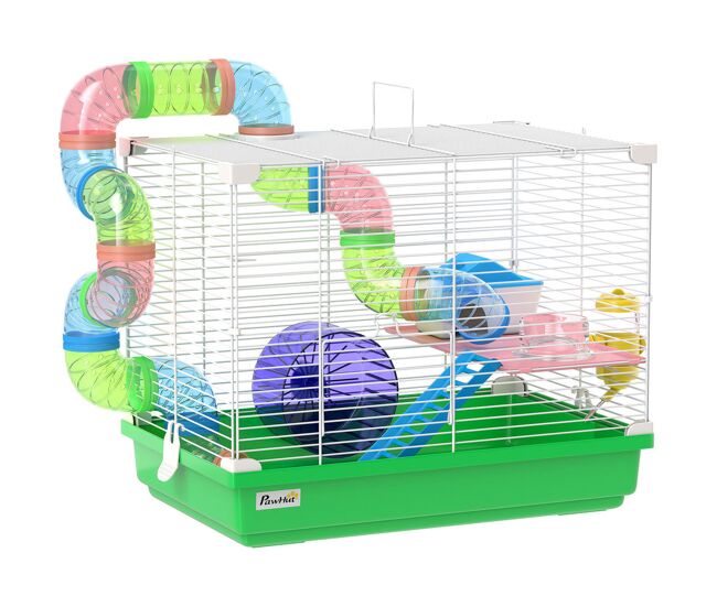 Pawhut gaiola para hamster, casa para hamster com túnel prato, bebedouro casinha rampa roda de exercício plataforma e pega bandeja removível para ratos e gerbos 46x30x37 cm verde