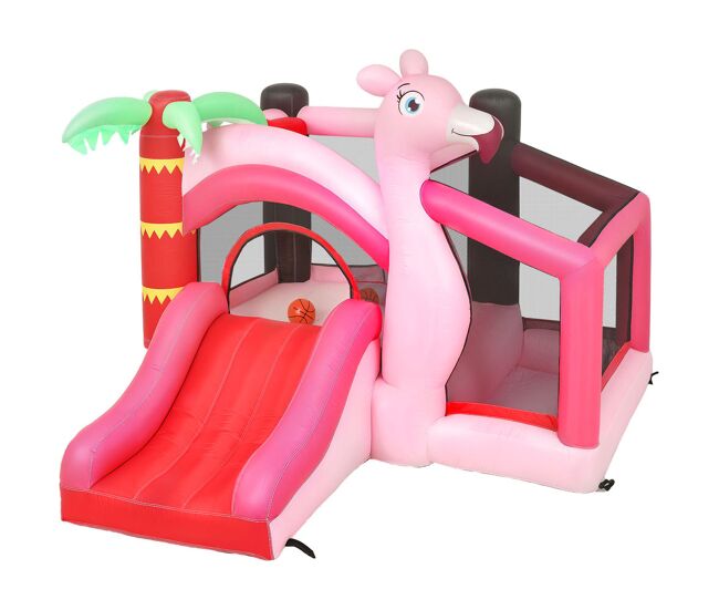 Aiyaplay castelo insuflável para enfants com insuflador escorrega piscina de bolas e cesto de basquetebol design de flamingo para interior e exterior 255x230x196 cm rosa