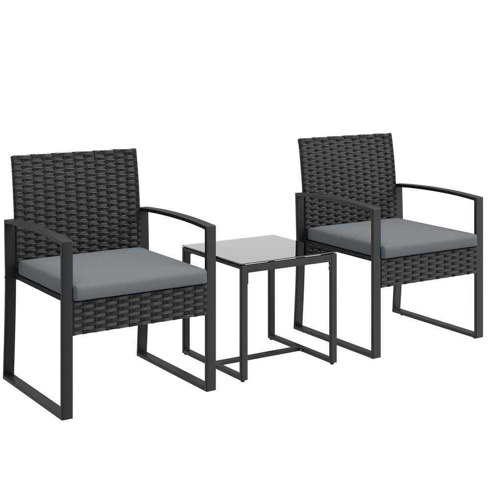 Outsunny conjunto de móveis de exterior de 3 peças conjunto de jardim em vime pe com cadeiras mesa de vidro temperado e almofadas móveis para balcão