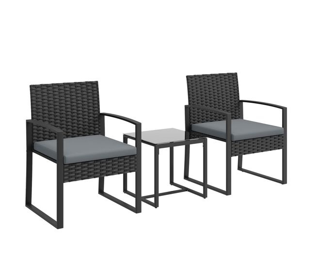 Outsunny conjunto de móveis de exterior de 3 peças conjunto de jardim em vime pe com cadeiras mesa de vidro temperado e almofadas móveis para balcão
