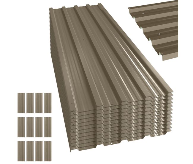 Outsunny 12x painéis para telhado de aço galvanizado, chapas perfiladas para telhado 7m² para abrigos garagens exterior 129x45cm castanho