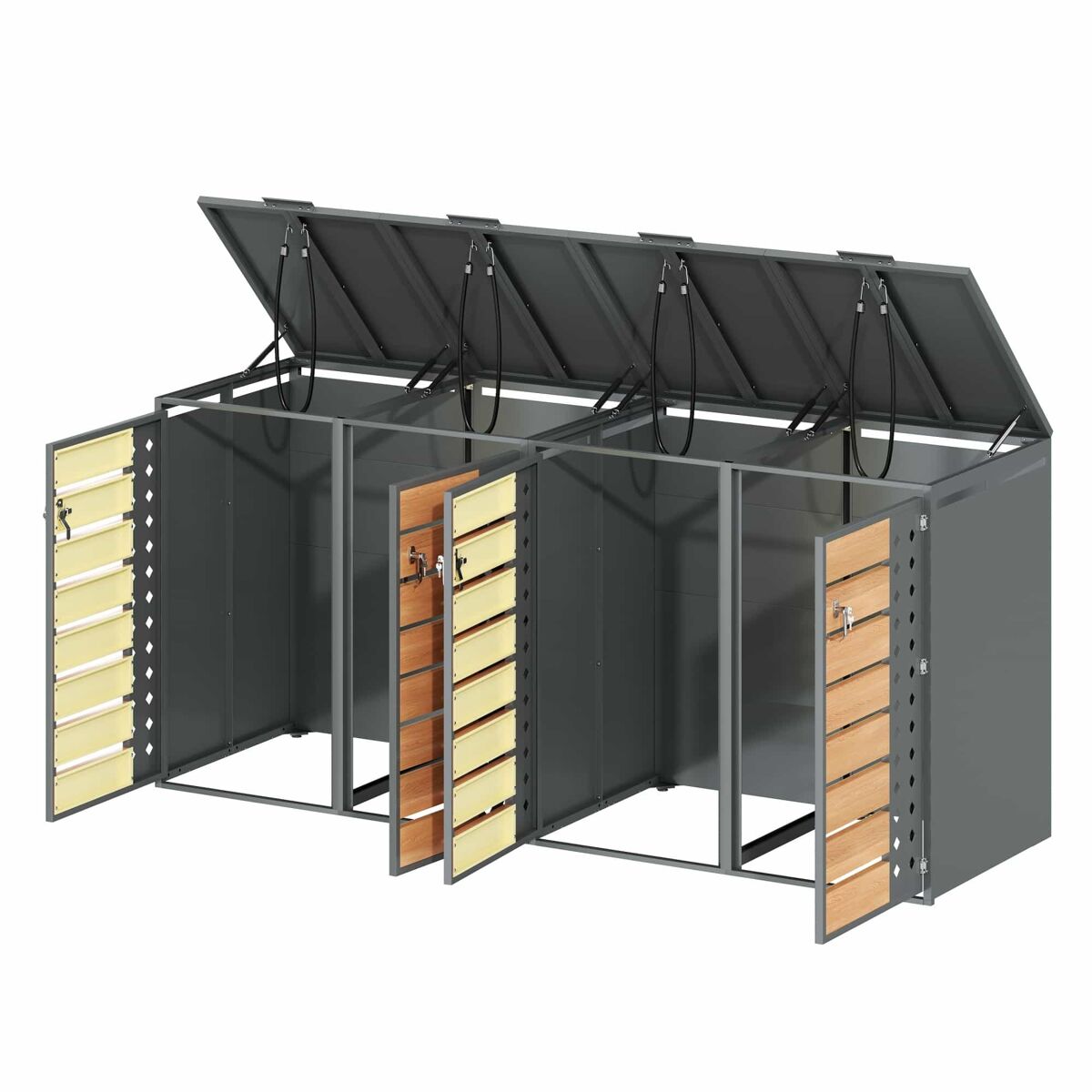 Caixa para lixo 132x80x118 cm - com tampa rebatível, compartimentos de armazenamento, fechadura, quatro portas, painel da porta com design em diamante