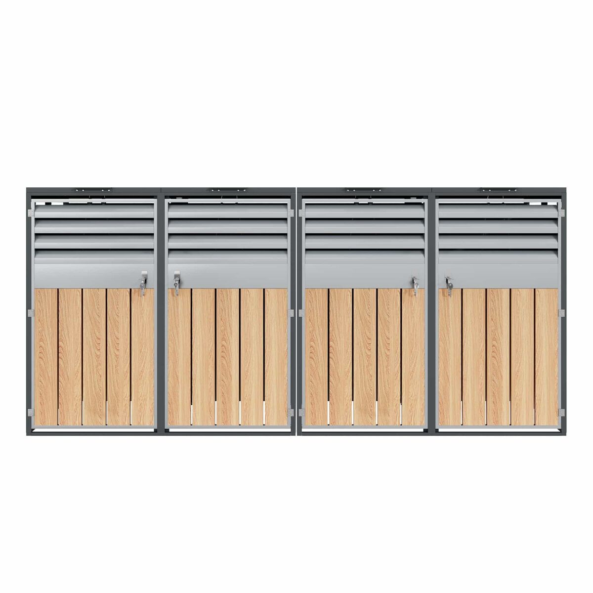 Contentor do lixo 132x80x118 cm - com tampa basculante, ventilação com ripas, compartimentos para lixo, com fechadura, quatro portas - cinza, madeira