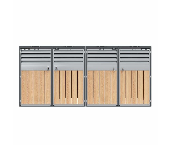 Contentor do lixo 132x80x118 cm - com tampa basculante, ventilação com ripas, compartimentos para lixo, com fechadura, quatro portas - cinza, madeira