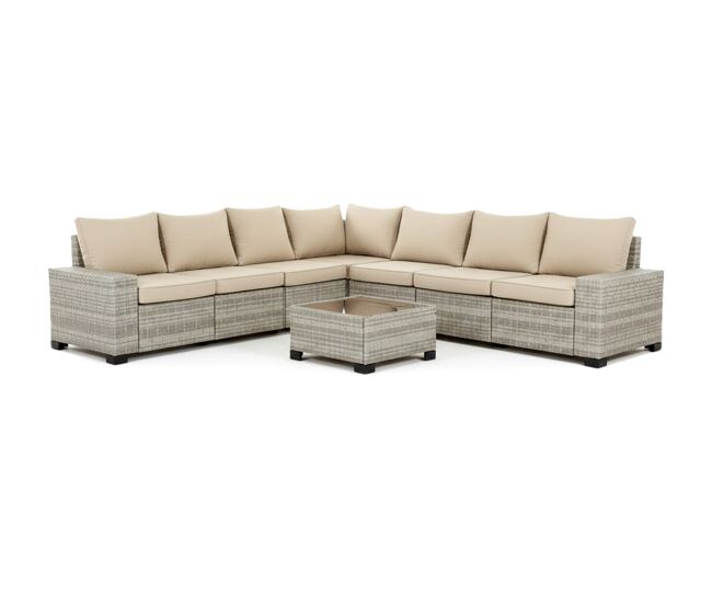 Conjunto de sofás para exterior lazaro em rattan pe, 7 peças. mobiliário para jardim e pátio, 275 cm, rattan cinza.