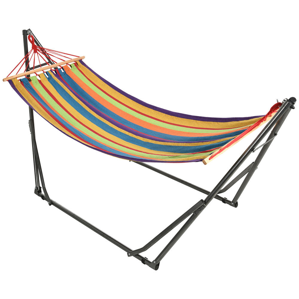 Outsunny cama rede com suporte dobrável 2 em 1 estendal com barra estrutura de aço cama rede de campismo portátil de algodão carga 120 kg para jardim