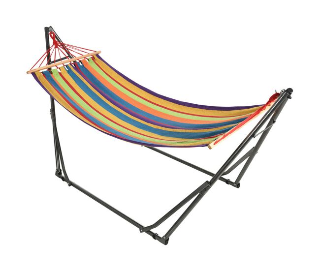 Outsunny cama rede com suporte dobrável 2 em 1 estendal com barra estrutura de aço cama rede de campismo portátil de algodão carga 120 kg para jardim