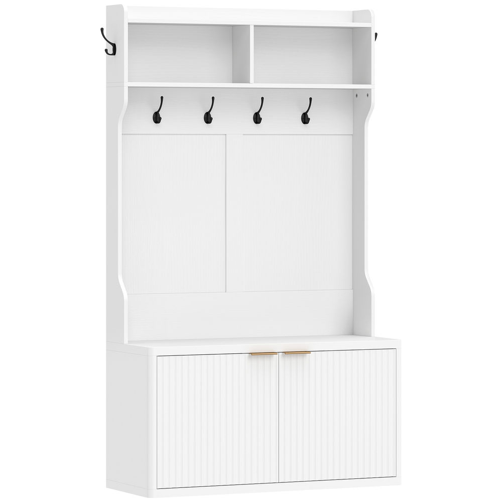 Homcom móvel cabide de entrada sapateira com 2 portas prateleiras abertas 6 ganchos para corredor quarto sala de estar estilo moderno 100x38x172 cm