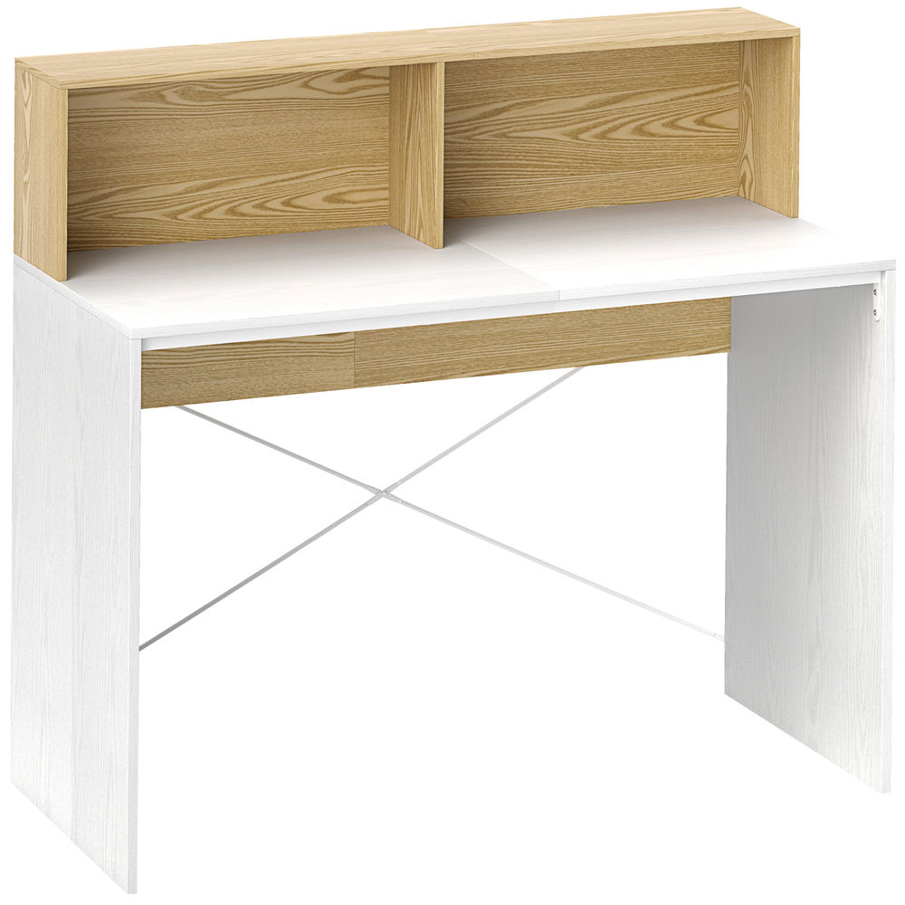 Homcom secretária 110x50x102,6 cm mesa de escritório mesa de computador com 2 compartimentos abertos e prateleira fácil de montar para casa escritório quarto estúdio branco e madeira