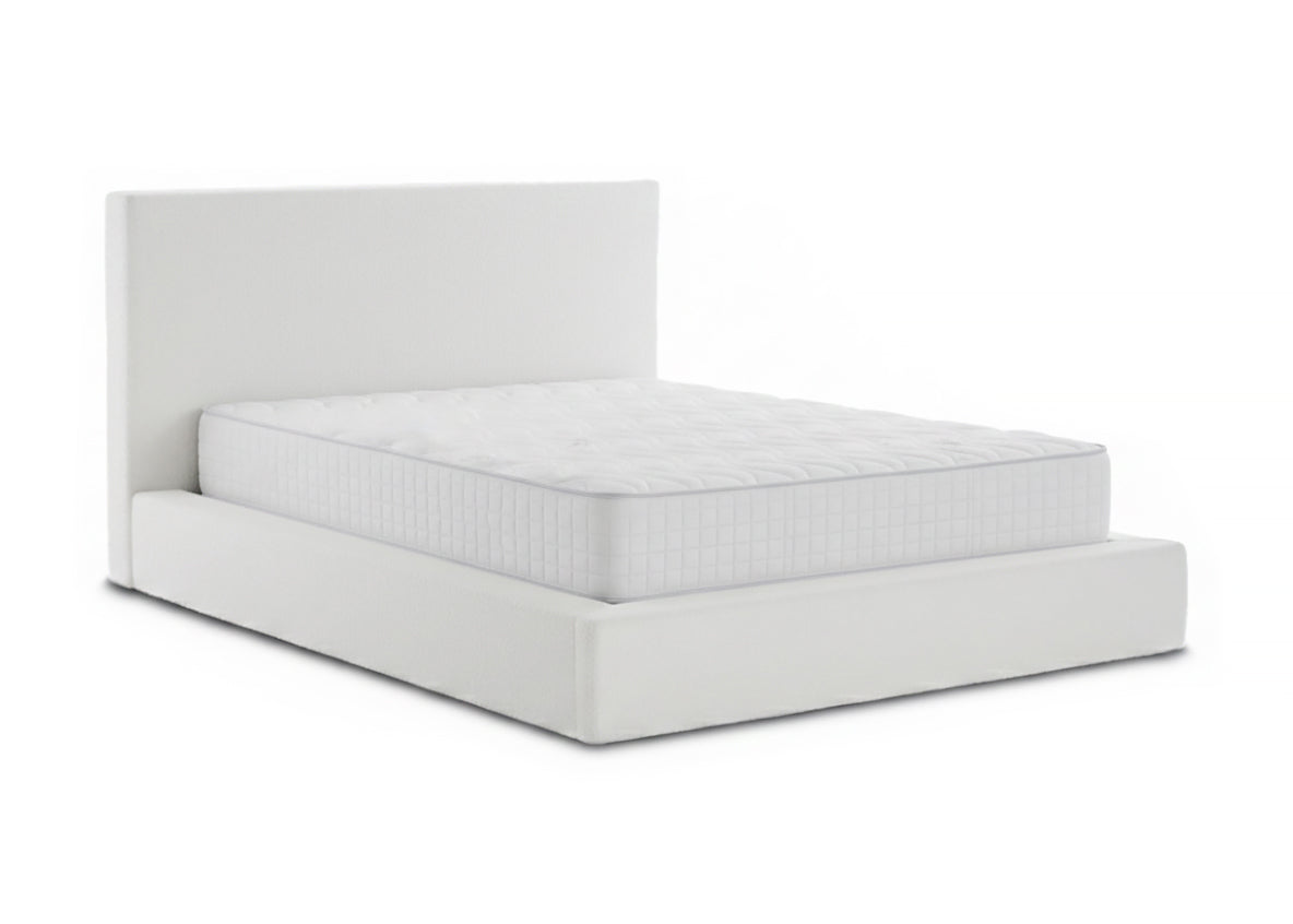 Cama de casal teddy com cabeceira, branca, colchão de 150 cm + 28 cm com revestimento viscoelástico.
