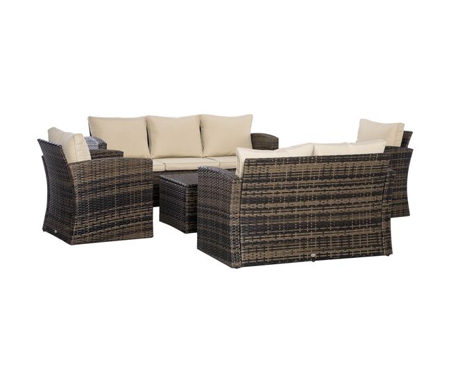 Outsunny conjunto de jardim exterior de vime conjunto de terraço móveis de jardim exterior 6 peças com almofadas sofá de dois lugares sofá de três
