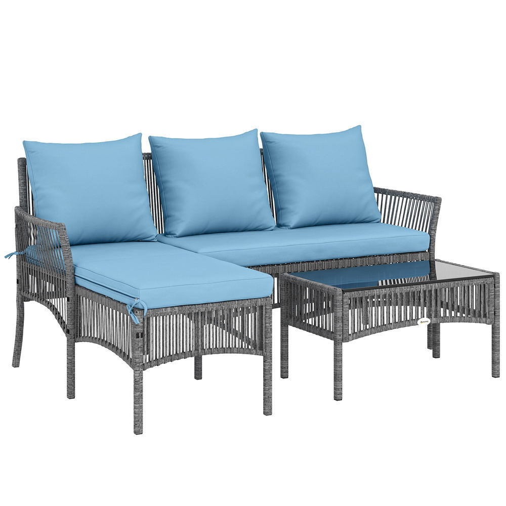 Outsunny conjunto de jardim de vime de 3 peças móveis de jardim exterior com sofá de 2 lugares chaise longue mesa de centro com vidro temperado almofadas resistente bleu claro