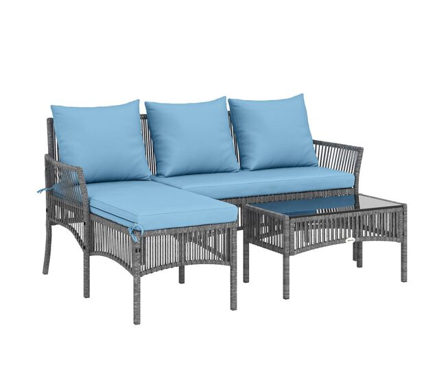 Outsunny conjunto de jardim de vime de 3 peças móveis de jardim exterior com sofá de 2 lugares chaise longue mesa de centro com vidro temperado almofadas resistente bleu claro