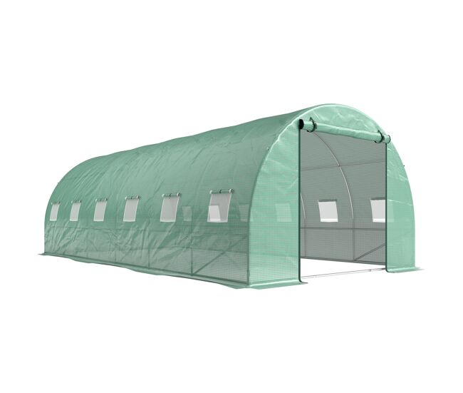 Outsunny estufa de exterior 6x3x2 m, estufa em túnel com sistema de rega, porta enrolável, 12 janelas com rede, cobertura em pe e estrutura de acier galvanizado, anti-uv, impermeável, verde