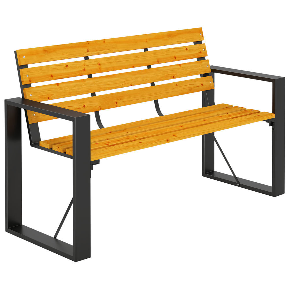 Outsunny banco de jardim exterior de 2 lugares com encosto e assento ripado em madeira apoios de braços e estrutura de aço para pátio ou terraço,