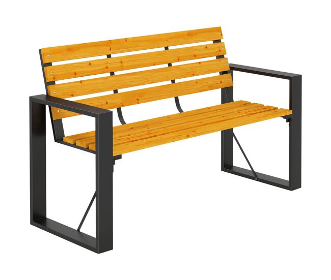 Outsunny banco de jardim exterior de 2 lugares com encosto e assento ripado em madeira apoios de braços e estrutura de aço para pátio ou terraço,