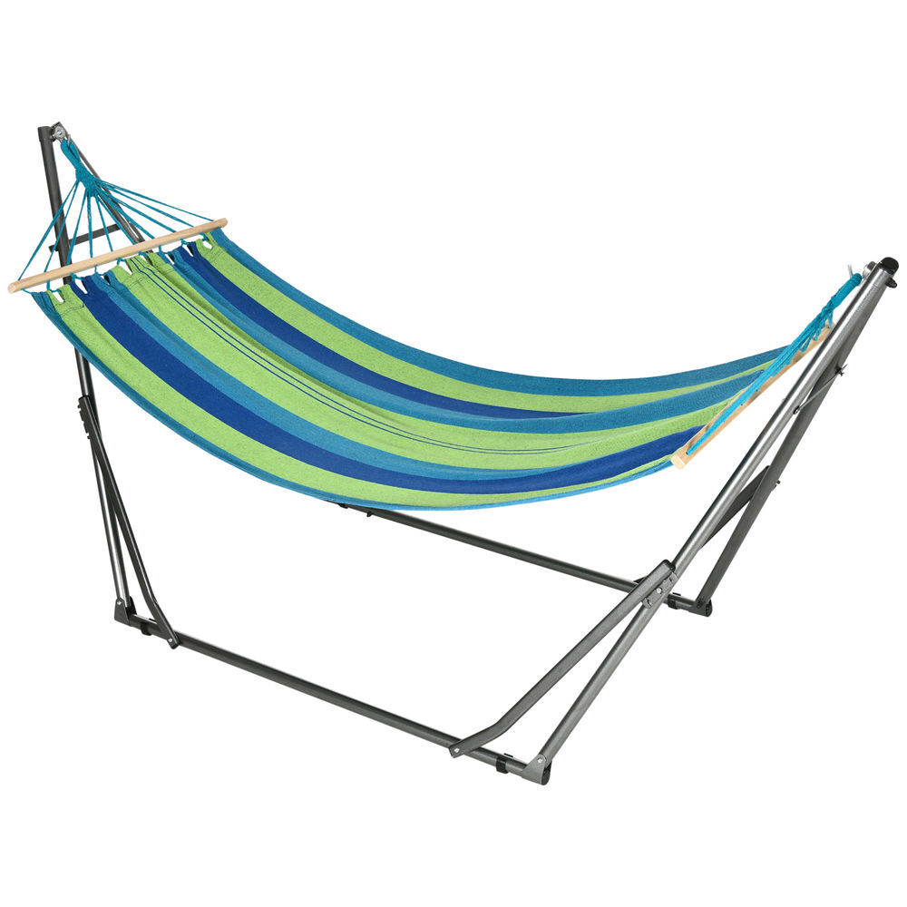 Outsunny cama rede com suporte dobrável 2 em 1 estendal com barra estrutura de aço cama rede de campismo portátil de algodão carga 120 kg para jardim