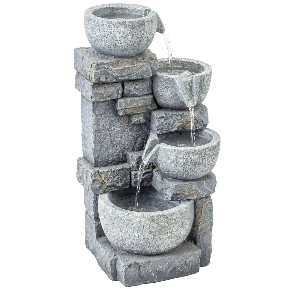 Outsunny fonte de água decorativa com iluminação led e bomba, fonte de jardim exterior em cascata de 4 níveis, fluxo ajustável, resistente às