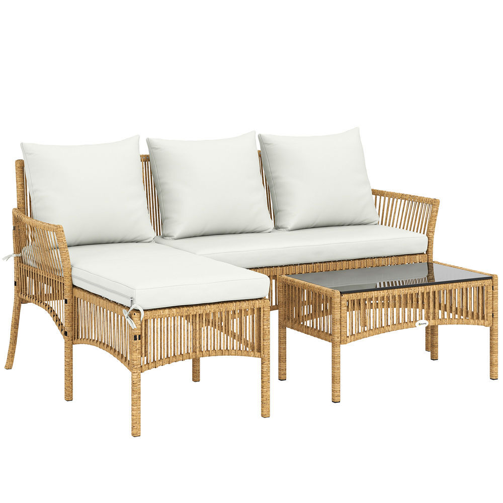 Outsunny conjunto de jardim em vime de 3 peças móveis de exterior com 1 sofá de 2 lugares 1 chaise longue e 1 mesa de centro com vidro temperado, almofadas resistente creme