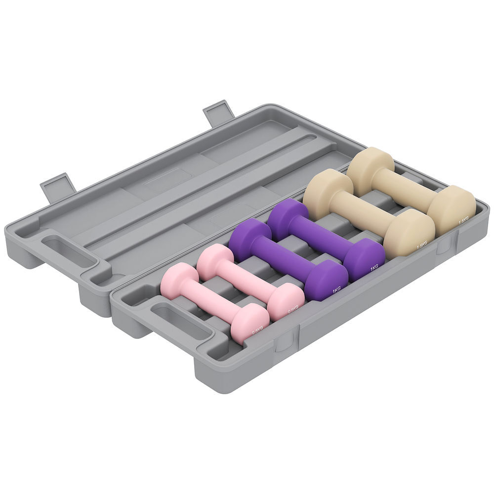 Homcom conjunto de halteres de 6 peças total 6 kg 2x1,5 kg 2x1 kg e 2x0,5 kg halteres hexagonais com revestimento de pu e mala para exercício em casa
