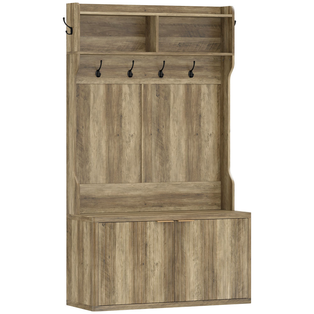 Homcom móvel cabide de entrada sapateira com 2 portas prateleiras abertas 6 ganchos para corredor quarto sala de estar estilo moderno 100x38x172 cm carvalho