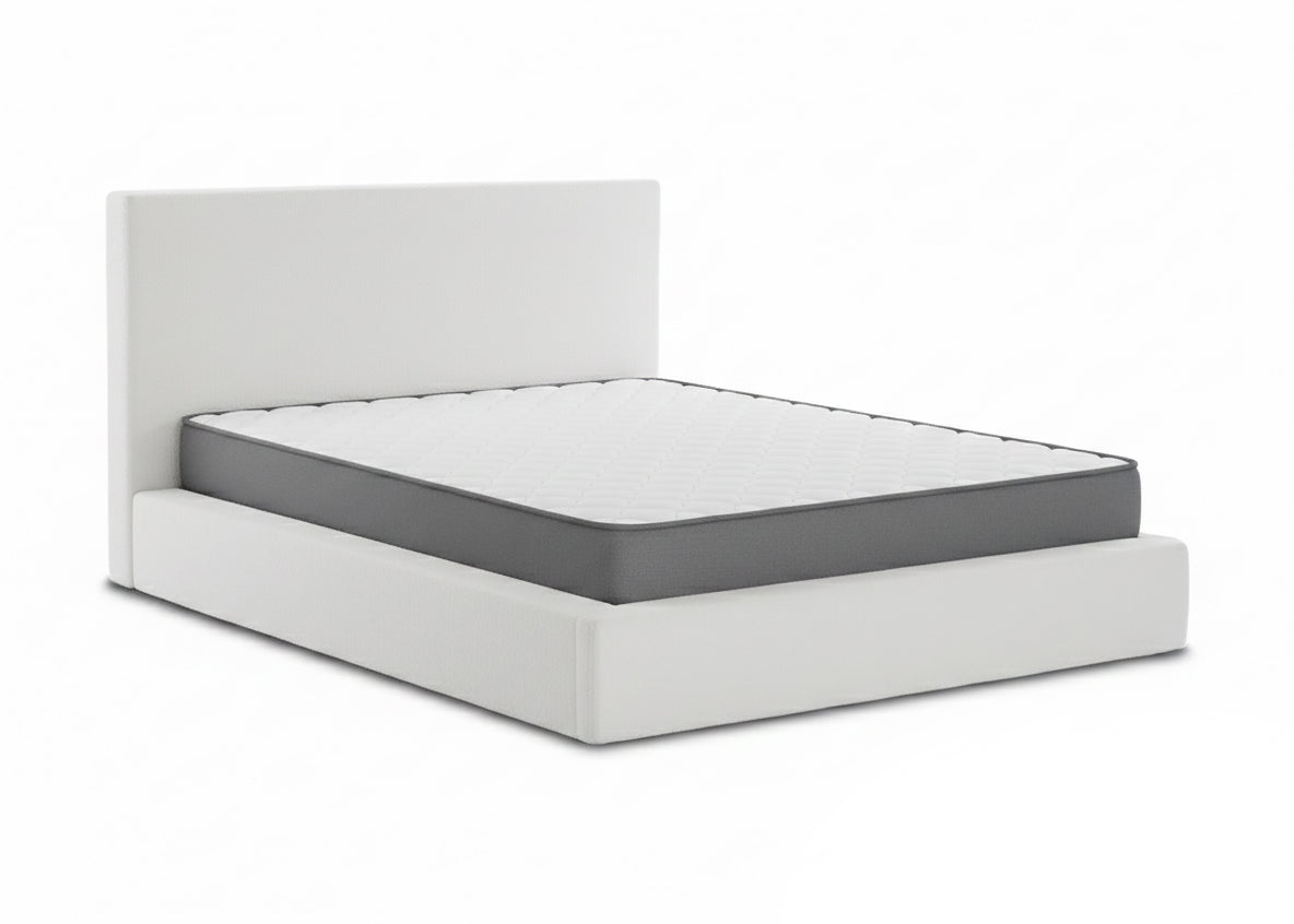 Cama de casal teddy com cabeceira, branca, colchão básico de 135 cm + 18 cm