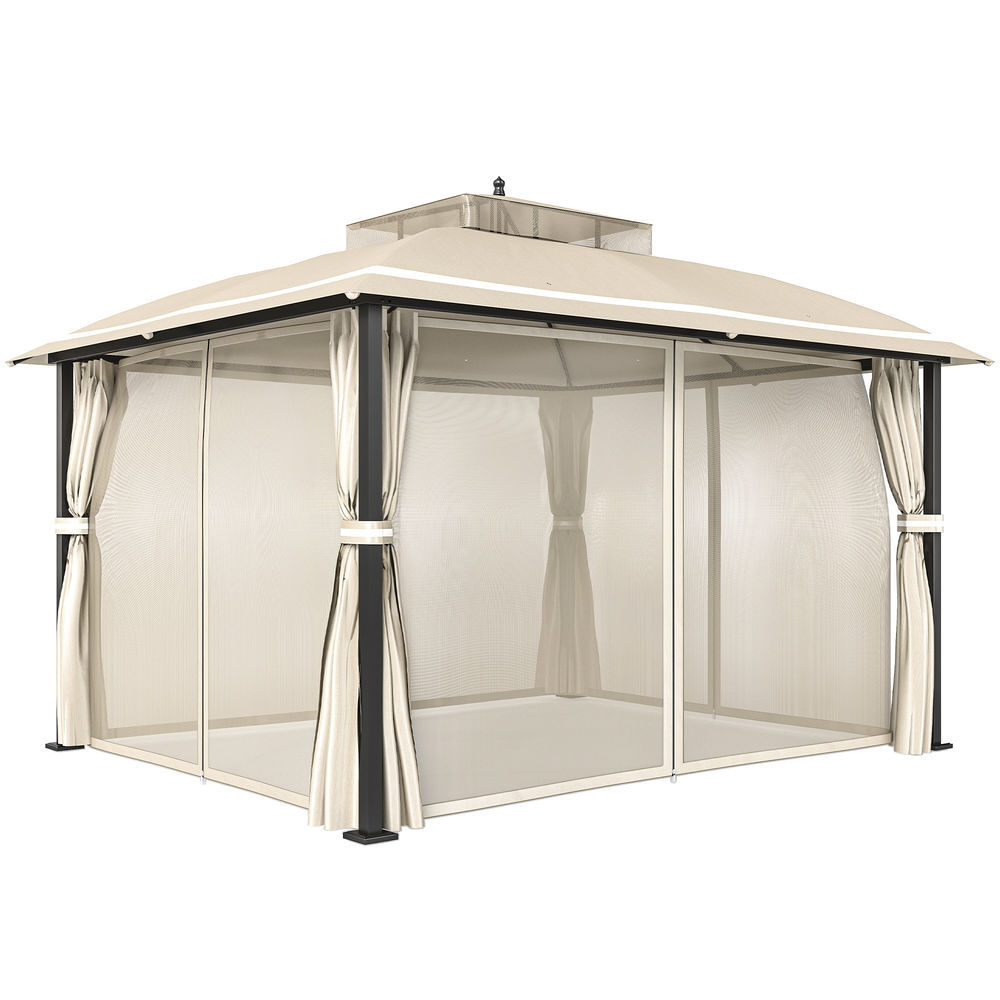 Outsunny pérgola de jardim 370x303x290 cm com telhado duplo cortinas laterais e mosquiteiras resistente à água e anti-uv para exterior terraço pátio