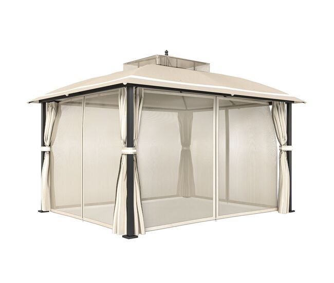 Outsunny pérgola de jardim 370x303x290 cm com telhado duplo cortinas laterais e mosquiteiras resistente à água e anti-uv para exterior terraço pátio