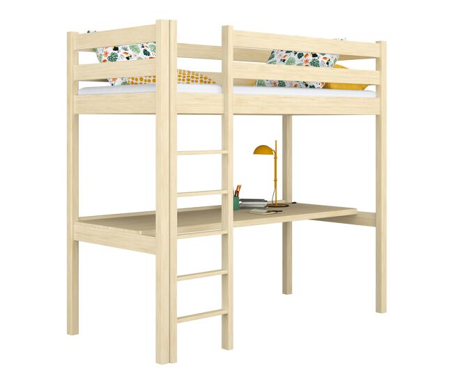 Cama alta de madeira com secretária n05 pinho incolor