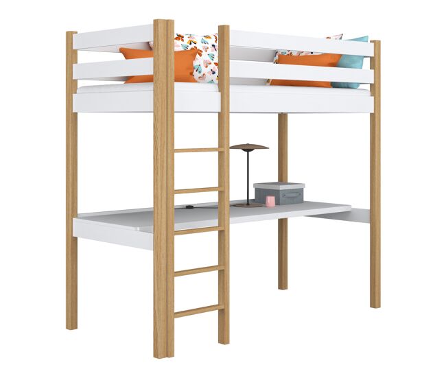Cama alta de madeira com secretária n05 branco e carvalho