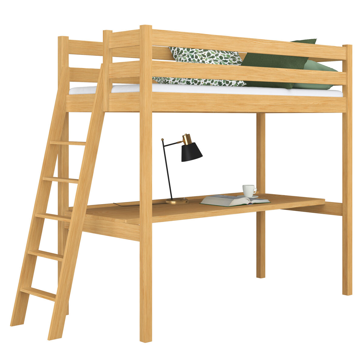 Cama alta de madeira com secretária n02 pinho natural