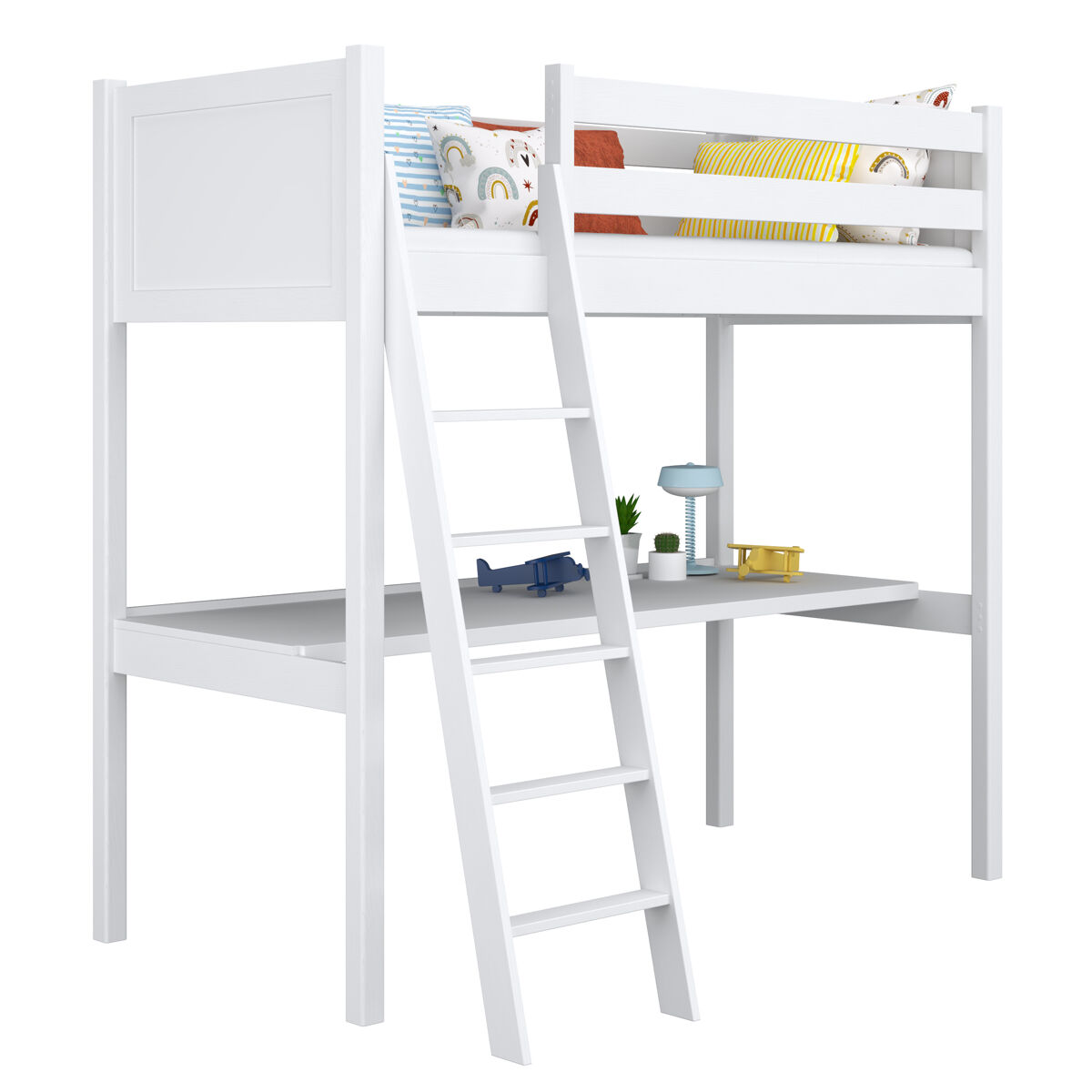 Cama alta de madeira com secretária n04 branco
