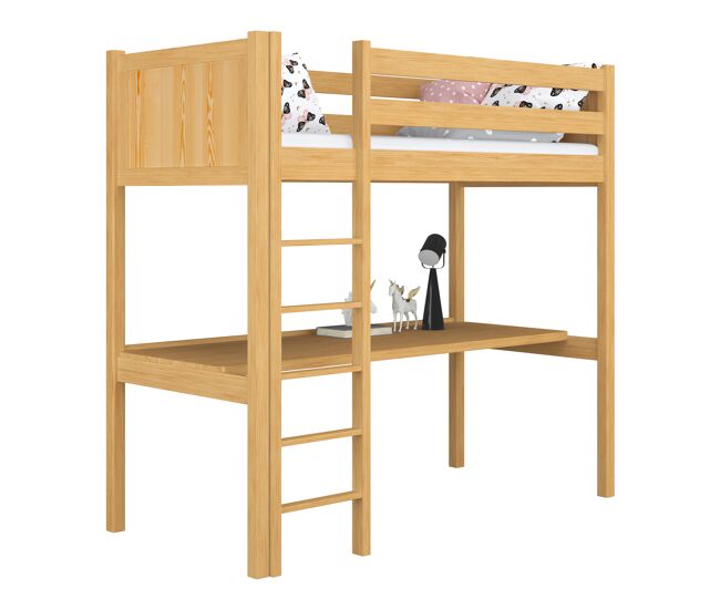 Cama alta de madeira com secretária n06 pinho natural